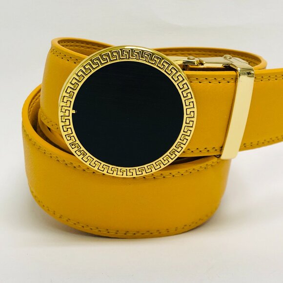 Mustard Yellow Belt Women Men Gold Automatic Buckle Slide Belt Leather Jeans New - Picture 1 of 3